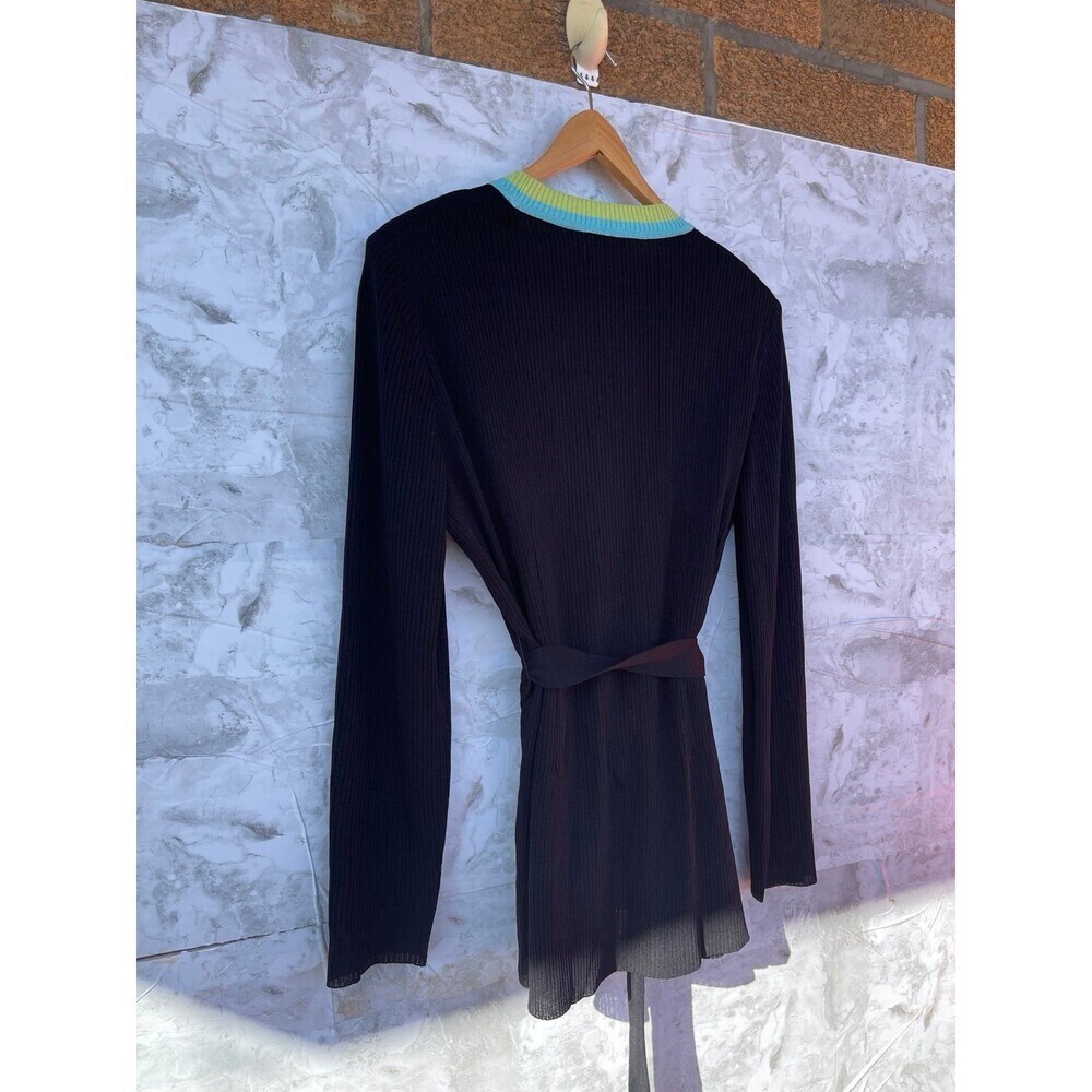 Misook Ribbed Knit Belted Cardigan Lime Aqua Trim Mod Avant Basic Chic M - Picture 6 of 9